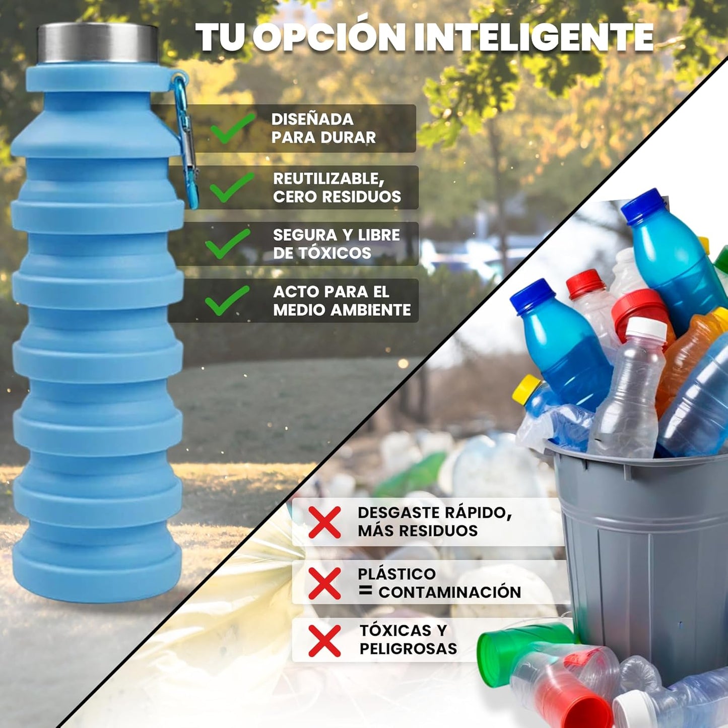 Botella Plegable de Silicona con Funda de Neopreno y Mosquetón – 300 ml a 550 ml