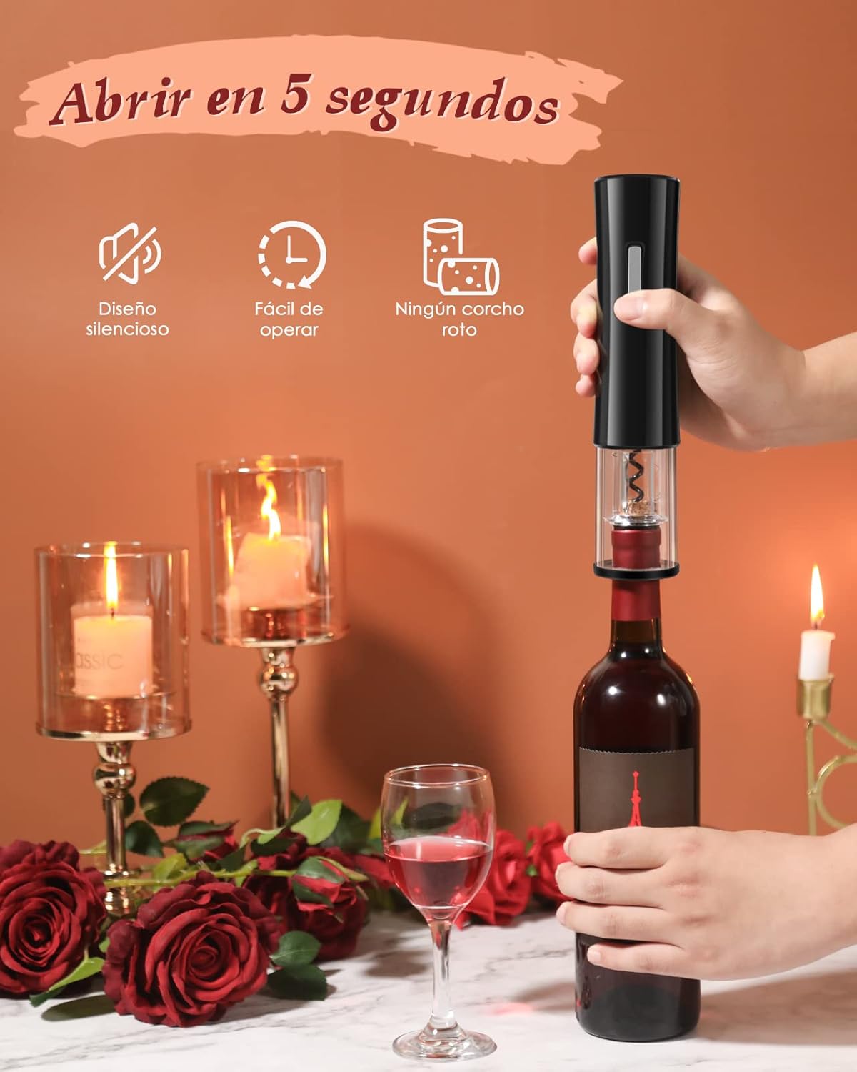 Sacacorchos eléctrico + abridor de vino transparente