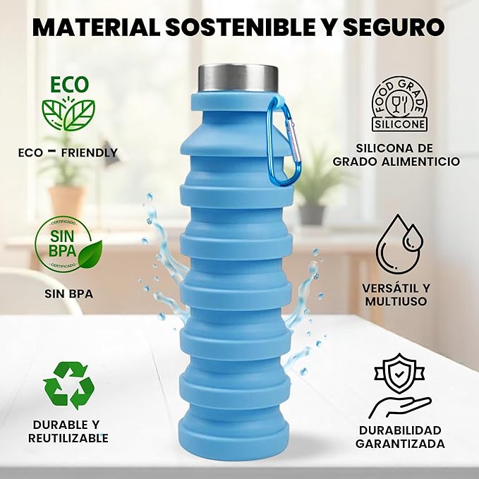 Botella Plegable de Silicona con Funda de Neopreno y Mosquetón – 300 ml a 550 ml