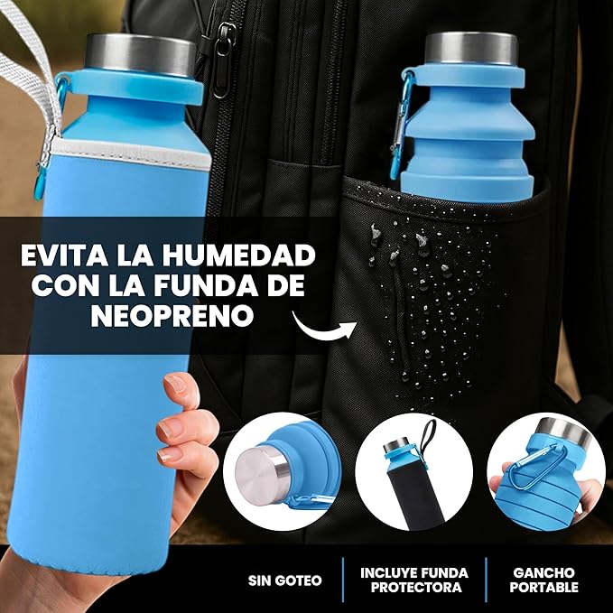 Botella Plegable de Silicona con Funda de Neopreno y Mosquetón – 300 ml a 550 ml